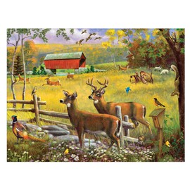 Crown Point Graphics Hunting Season 500 Piece Jigsaw Puzzle, Artist J Charles, Soft Touch Design, Fall Farm Puzzles with Deer and Covered Bridge