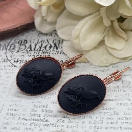 FANCY FOX BOUTIQUE Rose Gold Black Raven Crow Gothic Bird Boutique Wire Cameo Earrings Wedding
