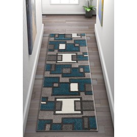 Uptown Squares Blue & Grey Modern Geometric Comfy Casual Hand Carved Runner Rug 2x7 ( 2' x 7' ) Easy to Clean Stain Fade Resistant Abstract Boxes Contemporary Thick Soft Plush Living Dining Room Rug