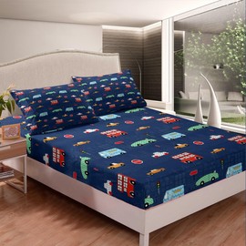 Car Bed For Boys Kids Fitted Sheet Queen Cute Cartoon Cars Bed Sheet Set Colorful Vehicle Bedding Set Transport Vehicle Fitted Sheet Equipment Truck Bedding Navy Blue Bed Cover (No Flat Sheet)