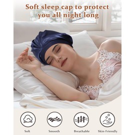 Ufgin Satin Bonnet Silk Bonnet for Sleeping Women - Adjustable Hair Bonnet with Elastic Tie Band Hair Wrap Cap for Curly Hair Night Sleep Cap(Navy Blue)