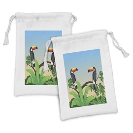 Lunarable Tropical Fabric Pouch Set of 2, Cartoon Design Graphic with Toucan Birds Exotic Jungle Forest Animals Print, Small Drawstring Bag for Toiletries Masks and Favors, 9" x 6", Multicolor