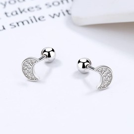 18G Tiny Moon Cartilage Stud Earrings 925 Sterling Silver Cubic Zirconia Crystal Crescent Moon Screw Backs Ear Tragus Earring Barbell Sleeper Statement Studs Jewelry Gifts for Women Girls (White Gold)
