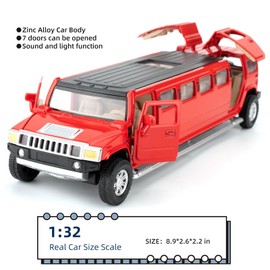 BGHSCA 1/32 Hummer H2 Car Model, Diecast Car Toy with Sound and Light, Alloy Stretch Sedan Pull Back Toy Vehicle for Adults Children Boys Girls (Red)