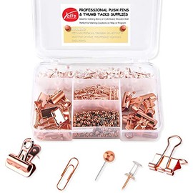 Push Pins Binder Clips Paper Clips Map Tacks Sets, 5 Styles 396 Pcs Rose Gold Pack for Office, School and Home Supplies (Pin and Clips)