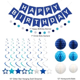 Lsoar Birthday Decoration, Blue Birthday Decorations, Happy Birthday Banner with 16 Glitter Stars for Hanging, Swirl Streamers