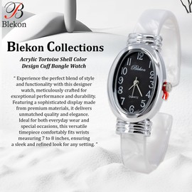 Blekon Collections Women's Round, Oval, Rectangle Case Shapes Acrylic Tortoise Shell Color Design Cuff Bangle Watch ((Silver/Black/WhitePearl/Oval))
