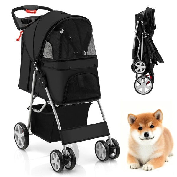 HAPPAWS 4 Wheels Dog Stroller, Foldable Pet Stroller for Small/Medium