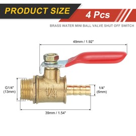 sourcing map 4Pcs Brass Water Mini Ball Valve Shut Off Switch, G1/4" Male x 1/4" Hose Barb, 180 Degree Operation Handle, Brass Valve