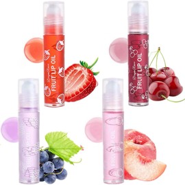 Hydrating Lip Oil Set - 4 Fruit-Flavored Plumping Oils for Dry Lips, Long-Lasting Glow Balm, Transparent & Moisturizing - Peach, Strawberry, Grape & Cherry - Non-Sticky Lip Gloss Care (4 Pcs)