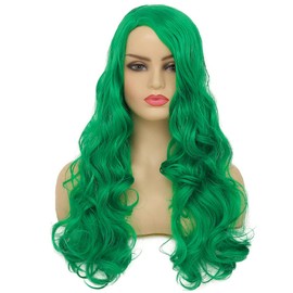 Kaneles Long Curly Green Wig for Women Wavy Side Part Hair Natural Looking Synthetic Heat Resistant Cosplay Party Replacement Wig（Green）