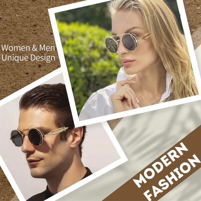 FEISEDY Retro Round Steampunk Sunglasses Lennon Hippie Glasses Metal Frame