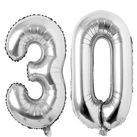 Silver 30 Number Balloons Big Giant Jumbo Large Number 30 Foil Mylar Balloons for Women Men 30th Birthday Party Supplies 30 Anniversary Events Decorations-40 inch