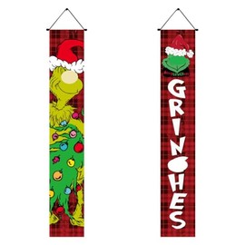 Christmas Door Decorations, 4Pcs Christmas Banners Door Flag, Curtain Hanging Christmas Ghost Elves Party Decoration Scene Decoration Door Couplet Green Water Ghost Grinch Door Curtain