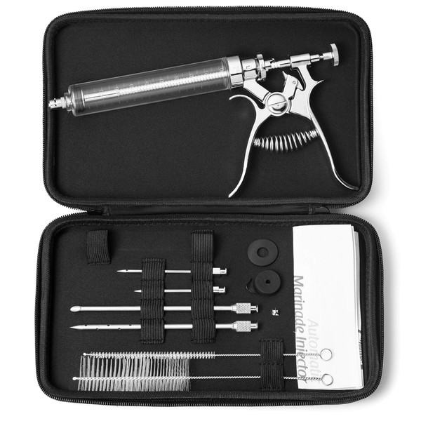 J&B Goods Professional Automatic BBQ Meat Marinade Injector Gun Kit with Case, 2 oz Large Capacity Barrel and 4 Commercial Grade Marinade Needles.