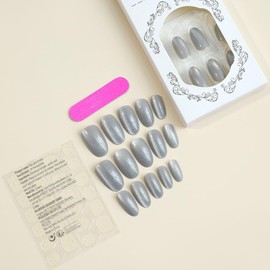 ANDGING Grey Cat Eye Press on Nails Almond Short Fake Nails with Glue Bling Acrylic Glue on Nails with Designs Fantasy Gel Manicure False Nail for Women Classy Stick ons Nails for Wedding SJKFH86