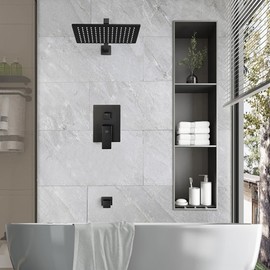 Black Shower Tub Faucet Set Bathroom Rain Shower System with Tub Spout Wall Mounted Rainfall 12 Inch Shower Head and Handle Set Shower Valve and Trim Kit, Matte Black