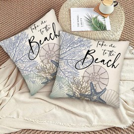 Asamour Take Me to The Beach Summer Throw Pillow Covers 18x18 Set of 2 Nautical Coastal Beach Themed Ocean Seashell Coral Starfish Linen Decorative Outdoor Cushion Case for Bedroom Living Room