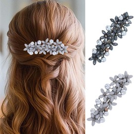 EASEDAILY Flower French Hair Clips Barrette Pearl Hair Barrettes Vintage Hair Accessories for Women (Pack of 2) (Black Blue and Gray)