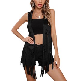Women's Summer Tassel Vests 70s Hippie Faux Costume Cowgirl Hollow Out Flower Sleeveless Crochet Cardigans (C-Black, L)