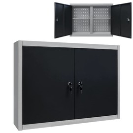 Heemab Wall Mounted Tool Cabinet with Adjustable Shelves and Lockable Doors, Metal Construction, Industrial Style, Gray and Black