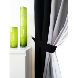 cushion mania Ringtop Eyelet Curtains fully lined 140 GSM fabric PLAIN 3 TONE Black/white/GREY (Pair of matching tie backs BLACK)