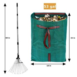 RISETEX 68-Inch Leaf Rake for Lawns with 53 Gallon Dustpan-Type Leaf Bags,Heavy Duty Metal Garden Yard Rake with Expandable Head 7-14" for Gardening Outdoor Camping Shrub Grass Bush Weed