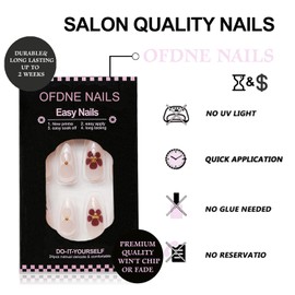 Medium Press on Nails Almond OFDNE French Tip Fake Nails False Nails with Floral Designs Brown Stick on Nails Full Cover Glossy Glue on Nails for Women Girls 24Pcs