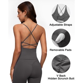 RXRXCOCO Strappy Back Workout Sets for Women 2 Piece Padded Tank Tops Hidden Scrunch Butt Lifting Leggings with Pockets Grey Small
