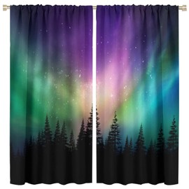 Aurora Forest Curtains,Colourful Northern Lights Starry Sky Nightscape Window Treatments for Bedroom Living Room Kitchen Café Window Drapes 2 Panel Set,Overall Size 42" x 45"
