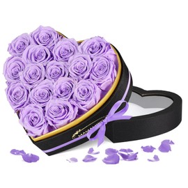 MAMAMIKO 16 Forever Real Rose Heart Box,Eternal Preserved Purple Roses Flowers,Rose Gifts for Her Woman Wife Girlfriend on Birthday, Anniversary, Valentine's Day, Mother's Day, Christmas