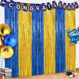 4 Pack Blue and Gold 2025 Graduation Party Decorations, 3.3x6.6 ft Foil Fringe Curtains with Congrats Grad Banner, Graduation Backdrop, Streamer Backdrop for High School College University Party