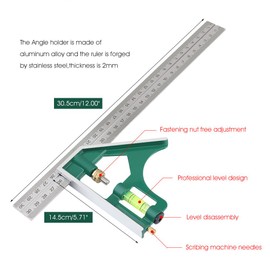 Combination Square Ruler, Multi-Functional 300mm Combination Angle Ruler Combination Ruler Combination Try Square Set Right-Angled Ruler for Marking