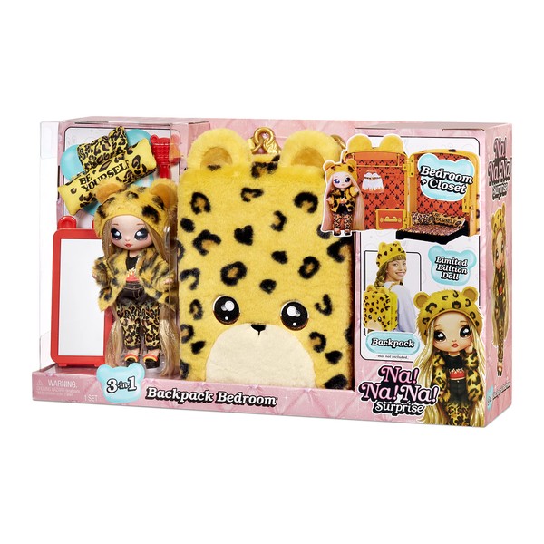 Na! Na! Na! Surprise 3-in-1 Backpack Bedroom Playset Jennel Jaguar Fashion Doll in Exclusive Outfit, Fuzzy Bag, Closet with Pillows & Blanket Accessories, Gift for Kids, Ages 5 6 7 8+ Years