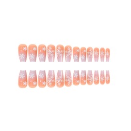Christmas Press on Nails Medium Coffin Winter French Tip Fake Nails Nude Full Cover White Gradient False Nails with Snow Designs Glossy Glue on Nails Acrylic Nails Artificial Nails for Women Girls