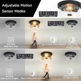 Yisuro Motion Sensor Outdoor Ceiling Light, Flush Mount Porch Exterior Ceiling Light Fixture 3 Modes Squares for Patio,Porch,Garage (Black-Round)