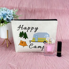 Sazuwu Camper Gifts for Her Makeup Bag Camping Lover Gifts for Women Happy Camper Themed Gifts Cosmetic Bag Funny Camping Gifts for Adults Girls Trip Gifts Vacation Gifts for Friends Travel Pouch