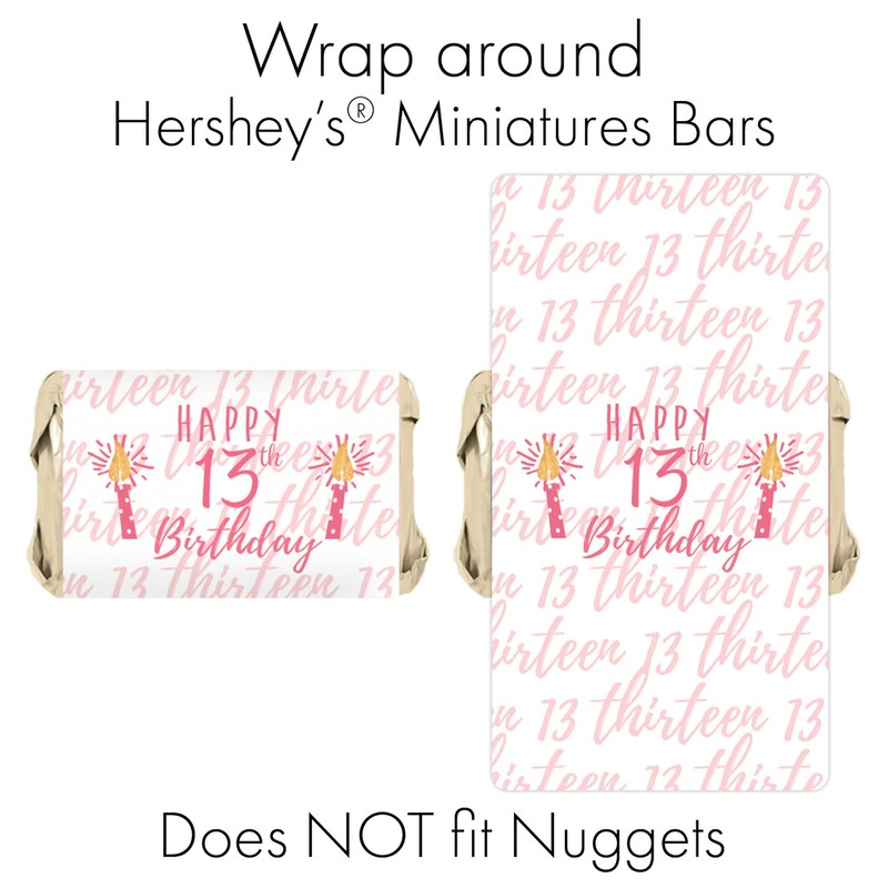 Girls 13th Birthday Party Mini Candy Bar Wrappers, Pink and