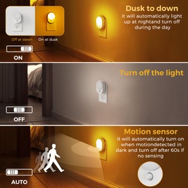L LOHAS LED Motion Sensor Night Light,[2-Pack] Night Lights Plug into Wall,Motion Sensor and Dusk to Dawn Sensor,2000K Amber Light,Brightness Adjustable,Nightlight for Bathroom Hallway Kitchen