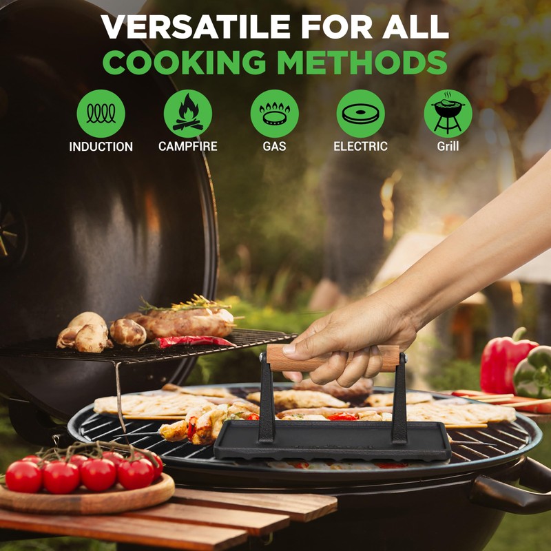 Nutrichef Cast Iron Grill Press - Heavy-Duty Griddle Press with