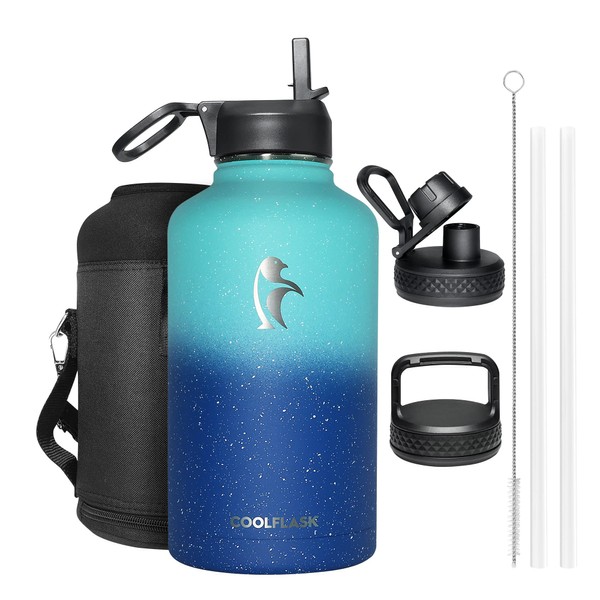 64 oz Water Bottle Insulated with Straw&3 Lids, Coolflask Half Gallon Water Jug Galaxy Large Metal Stainless Steel Vacuum Flask for Gym, Sports, Keep Cold 48H Hot 24H, Glacier Blue