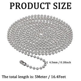 SYEYCW 5Meter / 16.4Feet Roller Blind Chain, 4.5mm 304 Stainless Steel Blind Beads, Metal Beaded Pull Extension with 12 Roller Connectors, Beaded Ball Roll Extension Chain, for Curtain Rods, Silver