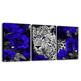 3D Leopard Canvas Wall Art for Living Room,Navy Blue Rose Flowers Framed Wall Art Cheetah Print Wall Decorations,Western Wild Animal African Safari Animals Canvas Artwork Paintings,Black White Grey