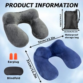 HOMURY Pack of 2 Inflatable Neck Pillows: Neck Pillow Aeroplane Travel Pillow Inflatable with Blindfold Earplugs and Bag, Travel Pillow Inflatable for Camping, Plane, Train, Car, Office