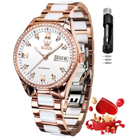 OLEVS Automatic Watch for Women Self Winding Mechanical Ladies Diamond Wrist Watch Luxury Dress Rose Gold Ceramic Watches for Women Love Heart Date
