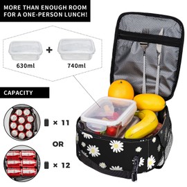 WJLKSJD Black Flower Daisy Lunch Bag for Women Teen Girls, Reusable Leakproof Cooler Insulated Lunch Box Bag for Office Work Picnic Beach