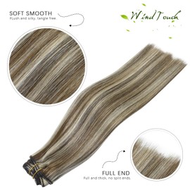 WindTouch Clip in Hair Extensions Medium Brown to Blonde Highlights For Women 20Inch Soft Human Remy Hair Extensions 9A Grade #4P613 75g 7PCS