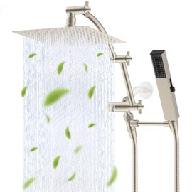 Hibbent All Metal 8'' Rainfall Shower Head, Shower Head Combo, High Pressure Handheld Shower Wand, 4 Sprays, 16'' Adjustable Arc-shaped Extension Arm, 71'' Hose, Showerhead Holder, Brushed Nickel