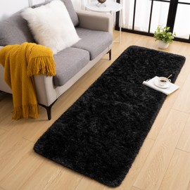 Toneed Fluffy Runner Rug for Bedroom Living Room, 2 x 6 Feet Black Shaggy Rug Super Soft Modern Indoor Area Rug Fuzzy Plush Carpet for Dorm Nursery Kids Room Home Decorative