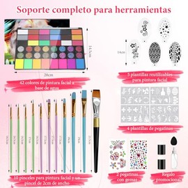 Kit de Pintura Facial y Pintura Corporal de 42 Colores, Set Profesional de Pintura Facial y Corporal, con Paleta de Maquillaje, Pincel y Gemas, Pintacaritas para Niños, Adecuado para Halloween, Espectáculos, Fiestas